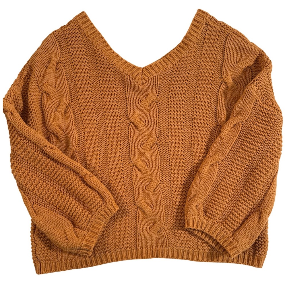 Mustard Orange Chunky Cable Knit V-Neck Oversized Sweater Womens‎ Relaxed Fit - Picture 11 of 12